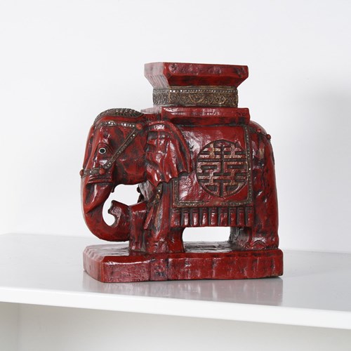 Large Carved Wood Hand Painted Elephant Side Table | Plant Stand | Shelf Art