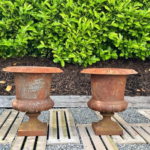 Large Pair Cast Iron Victorian Rococo Style Garden Urn Planters, Late 20Th Centu