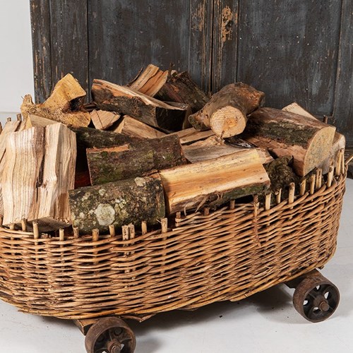 Large Wicker Dog Bed Log Basket - Cast Iron Wheels