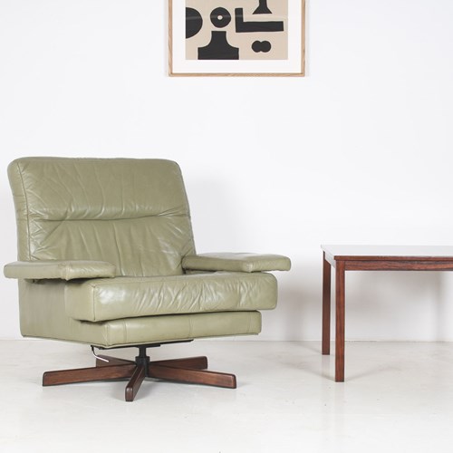 Danish Mid-Century 1960S Sage Green Leather Swivel Lounge Chair With Tilt