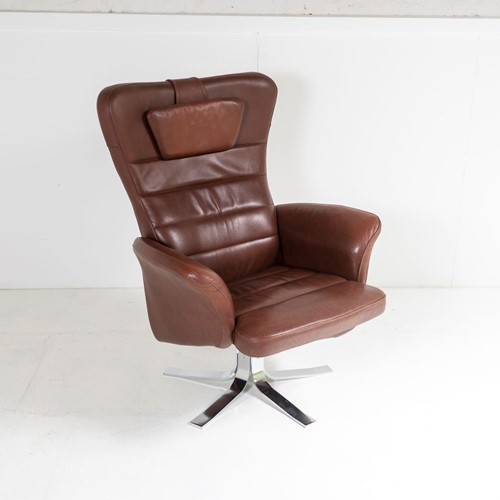 Mid-Century  Cognac Leather Swivel Reclining Chair