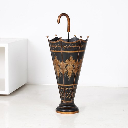 Mid-Century Toleware Stick Umbrella Stand Hand Painted Gold On Black