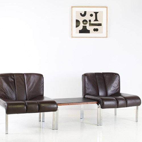 Mid-Century 1970S Brown Leather And Chrome Chair Set By Hans Eichenberger