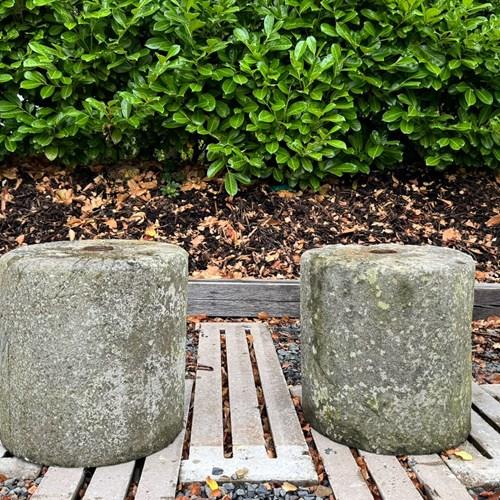 Pair Of 19Th Century Hand-Carved Stone Pedestal Column Bases | Weathered Garden 