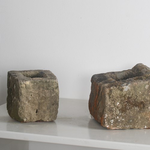 Pair Of Small Antique Carved Stone Cube Planters | Wabi Sabi Bonsai Pots