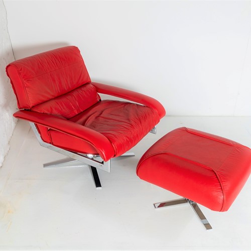Pieff Red Leather Swivel Chair With Foot Stool