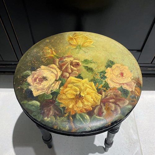 Small Floral Painted Ebonised Victorian Stool