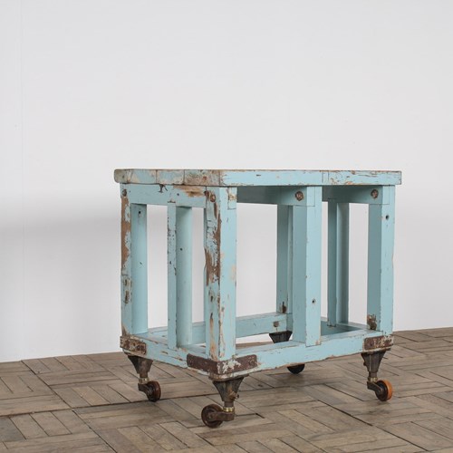 Small Rustic Patina Duck Egg Blue Industrial Bakery Worktop Table