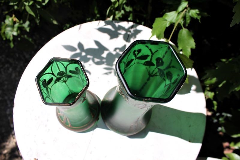 French antique Art Nouveau satin glass vases.-grovetrader-green-vases-7h-main-637642618889487405.JPG