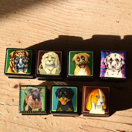 Seven Miniature Russian Lacquer Dog Trinket Boxes