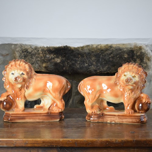 Large 19th Century Staffordshire Pottery Lions