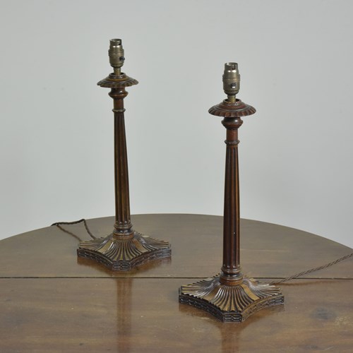 Pair Mahogany Fluted Column Lamps 