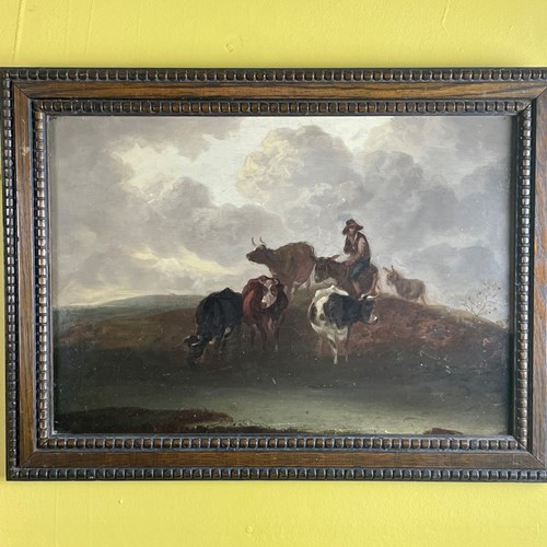 19Th Century Dutch School Oil On Panel Of Drovers With Cattle