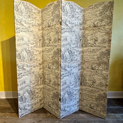 Vintage Four Fold Black & White Toile De Jouy Dressing Screen