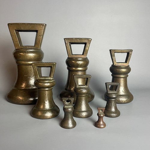 Set Of 8 Georgian Bell Shaped Bronze Trade Weights 1826
