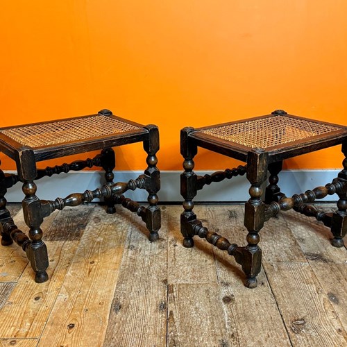 Pair Of Oak Bobbin Turned Stools With Cane Seats
