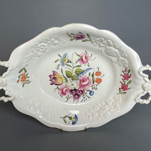 Early Victorian Flower Painted Twin Handled Porcelain Dish