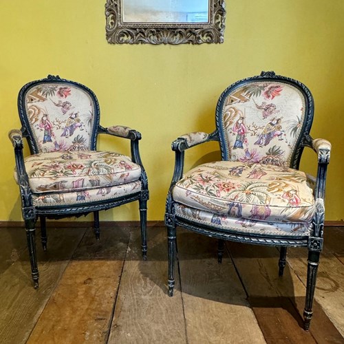 Pair Of Antique French Louis XVI Revival Fauteuils In Chinoiserie Chintz