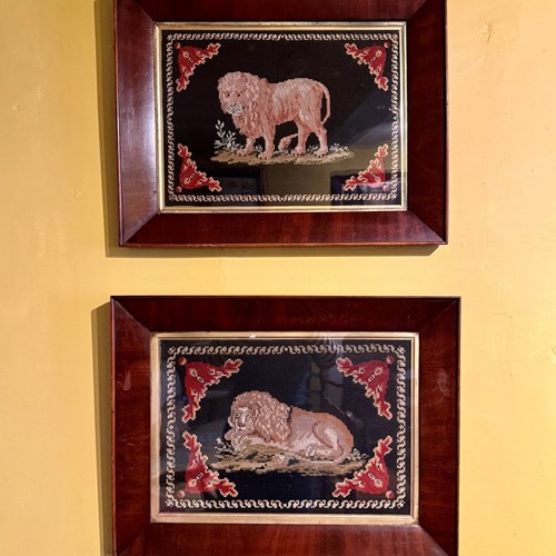 Pair Of Victorian Woolwork Tapestry Pictures Of Lions Circa 1840