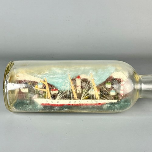 Vintage Folk Art Ship In A Bottle Diorama Of A Sailing Ship In A Harbour