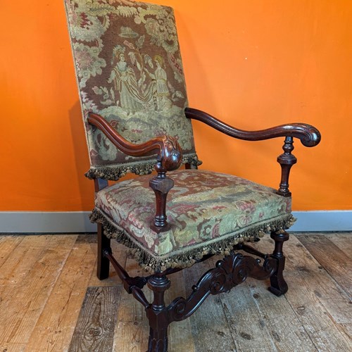 Antique Tapestry Upholstered Walnut Armchair