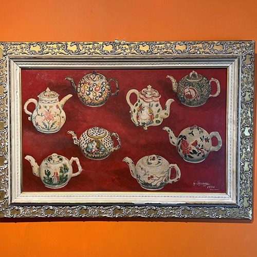 Trompe L'oeil Painting Of 18Th Century Teapots