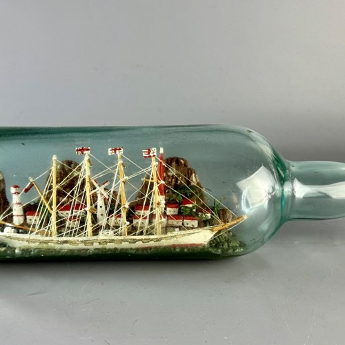 Vintage Folk Art Ship In A Bottle Of A Four Masted Sailing Vessel