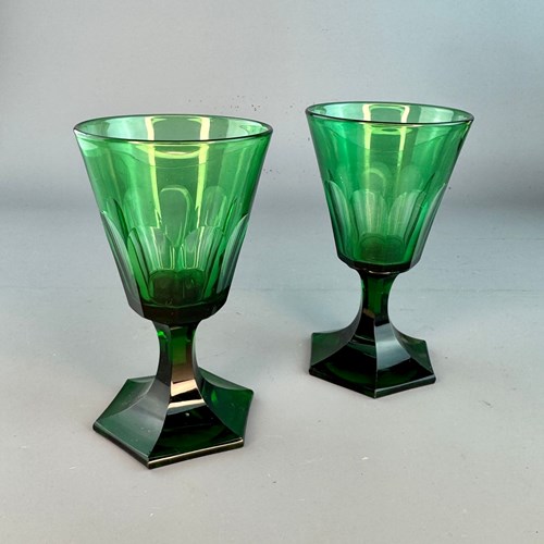 Pair Of Petal Cut Green Glass Rummers Circa 1840