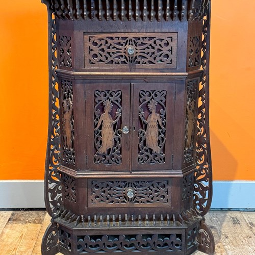 Fretwork Corner Cupboard With Figures Emblematic Of America