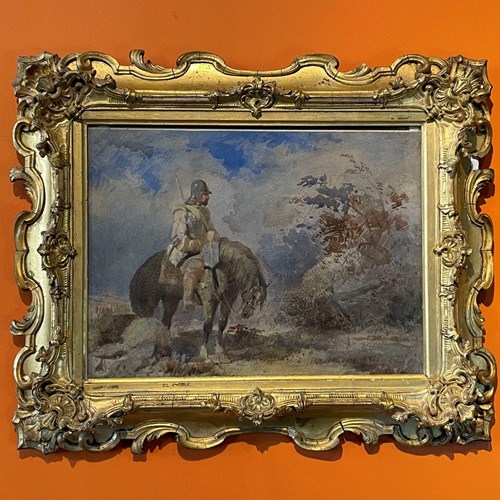 19Th Century Watercolour Of A Roundhead On Horseback