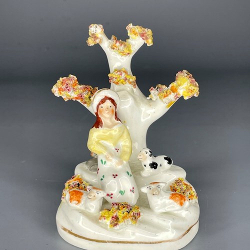 Staffordshire Porcelain Figure Of A Shepherdess With Her Dog & Sheep C1840