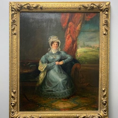 Regency Oil Portrait Of A Lady In A Blue Dress, Signed & Dated 1827