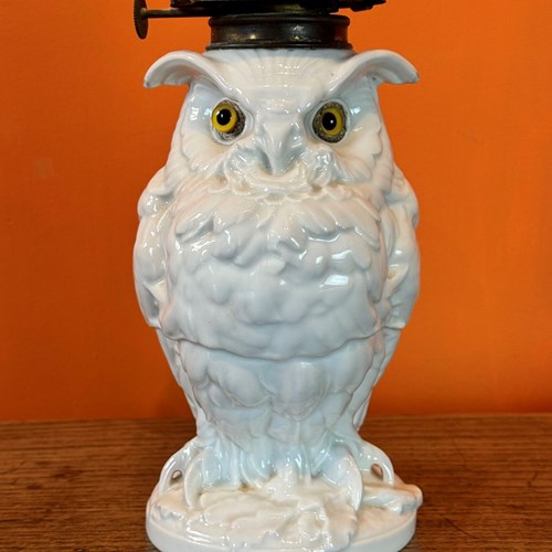 Victorian White Porcelain Owl Oil Lamp