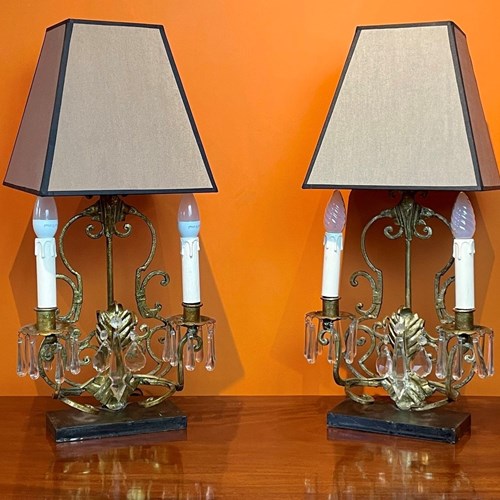 Pair Of Gilt Wrought Iron Twin Branch Table Lamps With Glass Drops