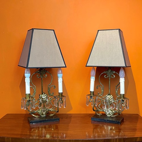 Pair Of Gilt Wrought Iron Twin Branch Table Lamps With Glass Drops
