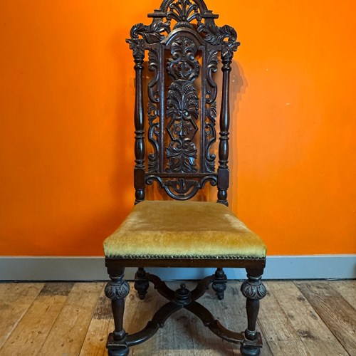 Victorian Carved Oak High-Back Side Chair In Carolean Style