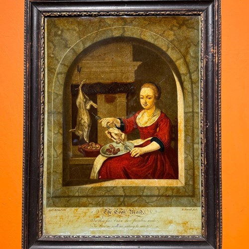 Georgian Reverse Glass Mezzotint The Cook Maid By Richard Purcell