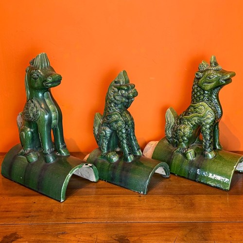 Three 19Th Century Chinese Green Glazed Pottery Roof Tiles