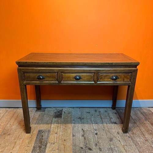 Antique Chinese Elm Three Drawer Console Table
