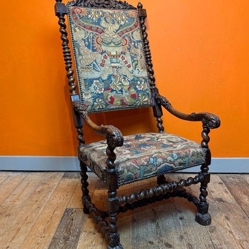 French 17Th Century Carved Oak Armchair With Tapestry Upholstery