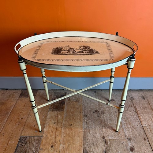 Vintage Painted Toleware Tray Table Upon Folding Base