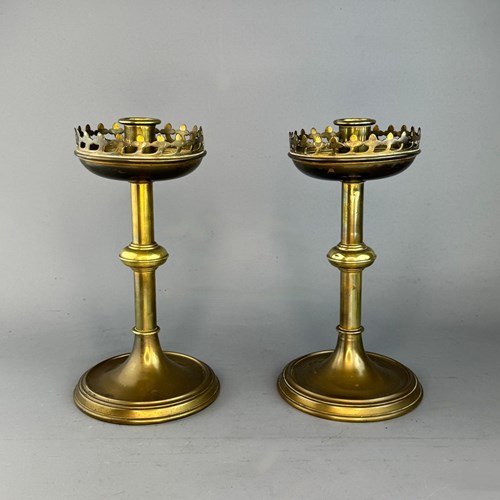 Pair Of Victorian Brass Candlesticks Of Gothic Design