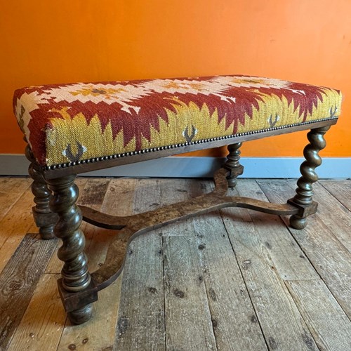 Antique Kelim Upholstered Stool With Burr-Walnut Barley Twist Base