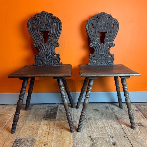 Pair Of Antique Swiss Alpine Escabelle Chairs