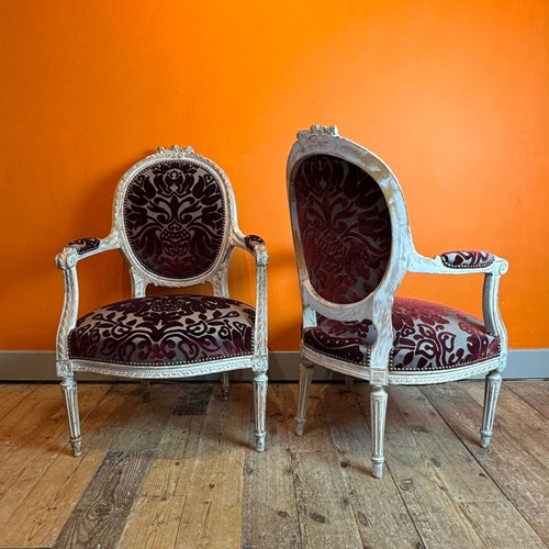 Pair Of 19Th Century French Carved & Painted Fauteuils In Louis XVI Taste