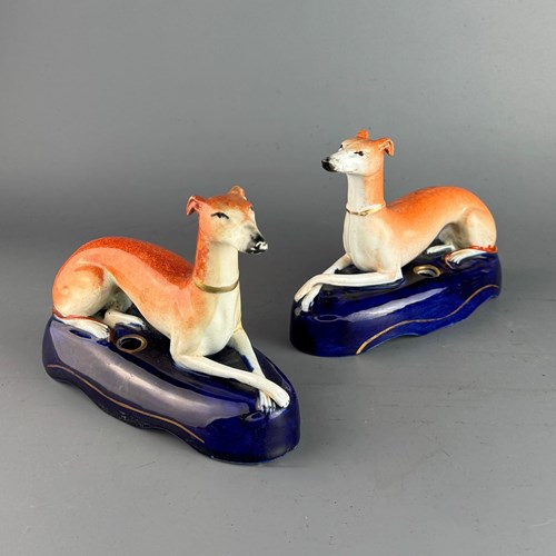 Pair Of Victorian Staffordshire Whippet Quill Holders