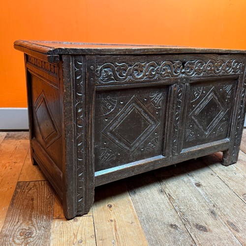 18Th Century Carved Oak Coffer Of Small Proportions