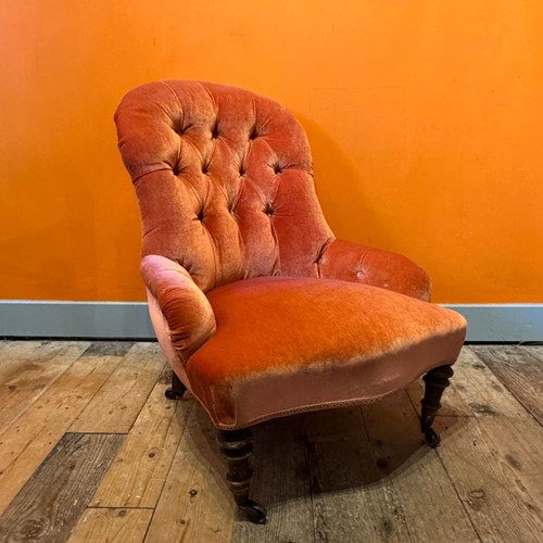 Antique Button Back Occasional Chair Upholstered In Orange Velvet