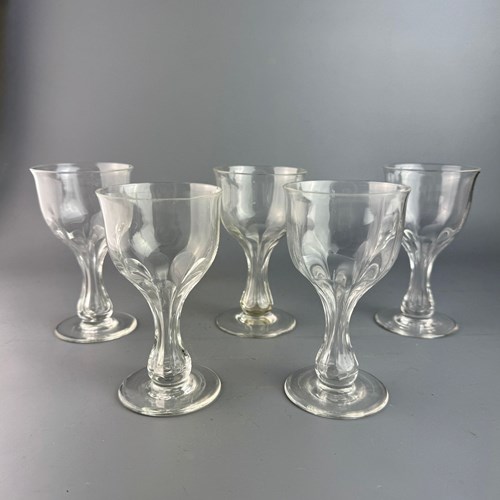 Set Of Five Antique Hollow Stem Cut Glass Wine Glasses