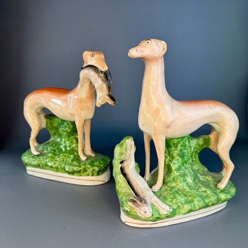 'Hares & Graces' - Large Pair Of Victorian Staffordshire Greyhounds With Hares